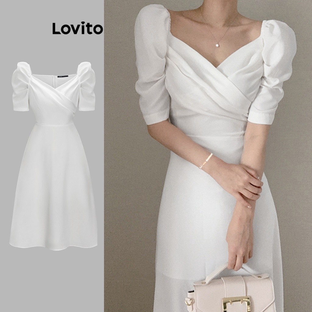 Lovito เดรสผู้หญิง แขนพัฟ แบบห่อ เรียบหรู L65ED166 (สีขาว)