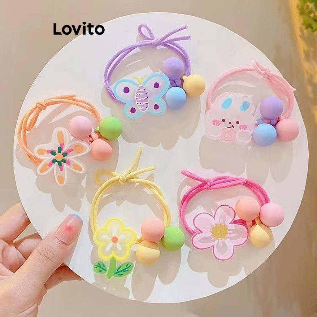 Lovito ยางรัดผมผู้หญิง แต่งกระต่าย ปอมปอม ผีเสื้อ ดอกไม้ สไตล์น่ารัก LFA23004
