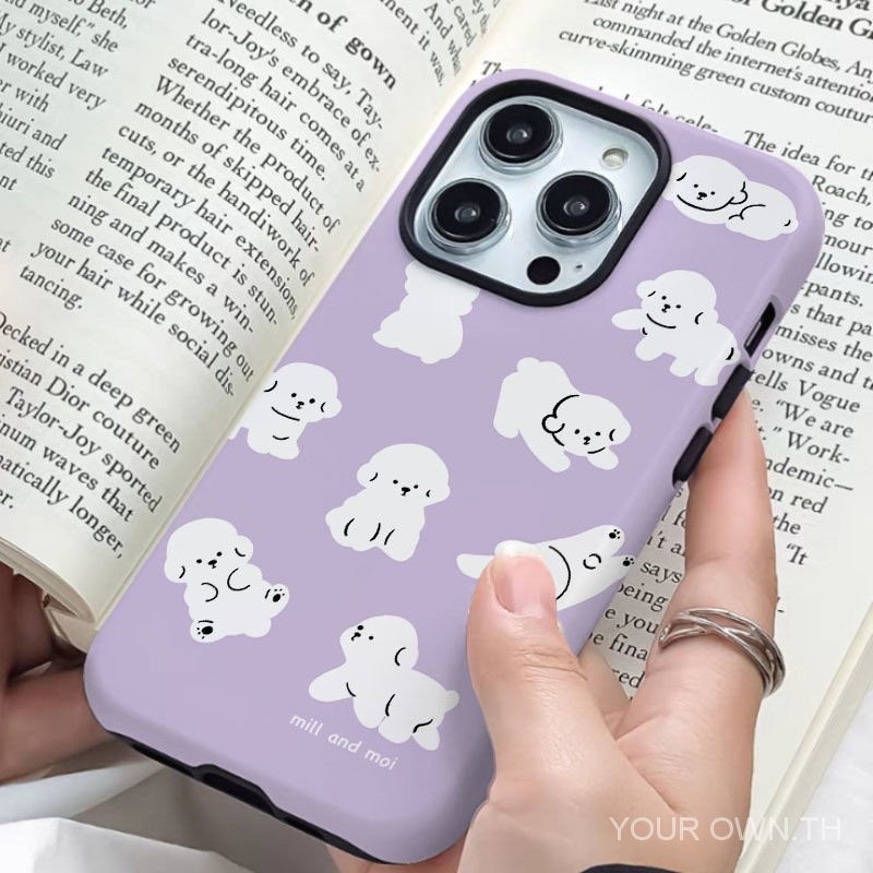 เคสโทรศัพท์มือถือ ลายลูกสุนัขน่ารัก สองชั้น กันกระแทก สีม่วง สําหรับ iPhone 13 14PRO 15 14 NHQX