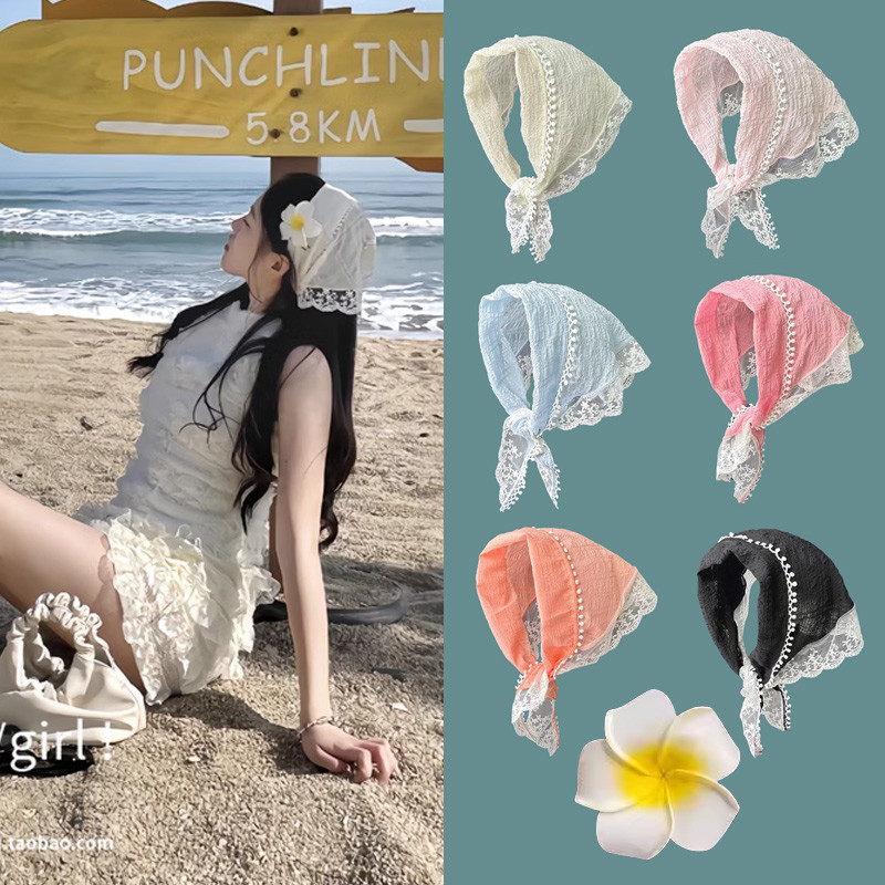 ผ้าพันคอ ผ้าโพกหัว ผ้าลูกไม้ ทรงสามเหลี่ยม สีเบจ สไตล์ฝรั่งเศส วินเทจ เครื่องประดับ สําหรับถ่ายภาพริมทะเล วันหยุด