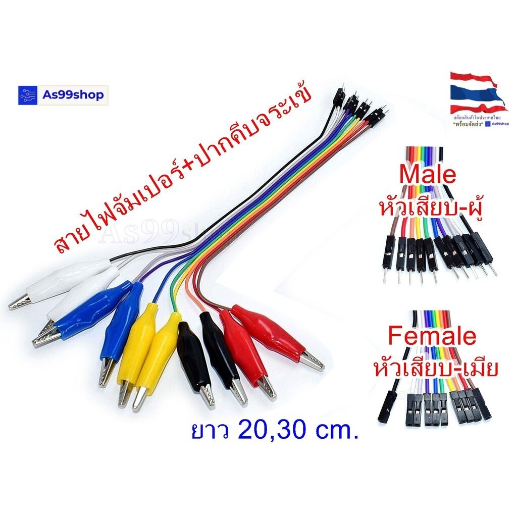 สายไฟจัมเปอร์+ปากคีบจระเข้ขนาด 35 มิลลิเมตร ความยาว 20,30 เซนติเมตร( 1 แผง 10 เส้น )