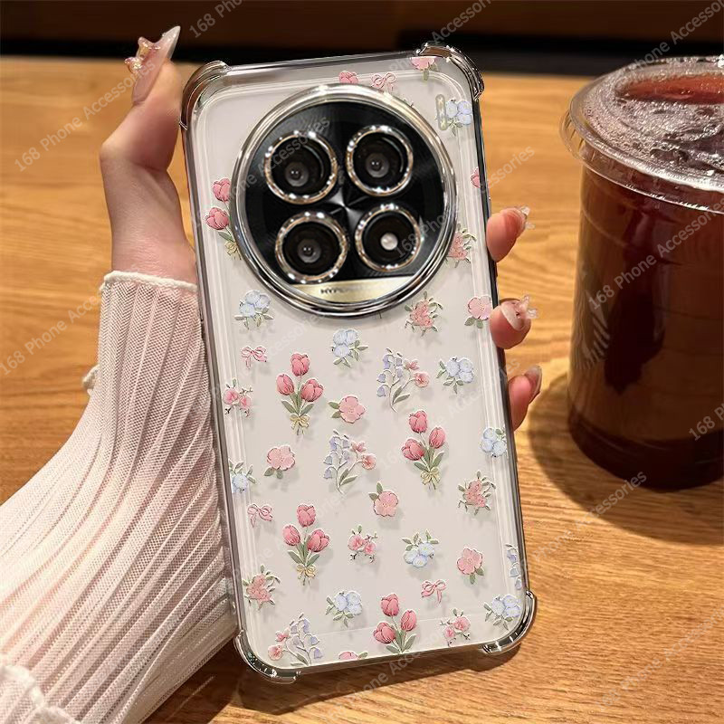 เคส Realme 12 12X 13 14T 14 15 5G เคส Realme 13 Plus เคส Realme 13 14 15 Pro Plus สีชมพูดอกไม้ขนาดเล็กเปลือกกันกระแทกพร้อมฝาครอบกล้องฟิล์มโทรศัพท์ถุงลมนิรภัยหนาสําหรับสาวผู้หญิงผู้หญิง