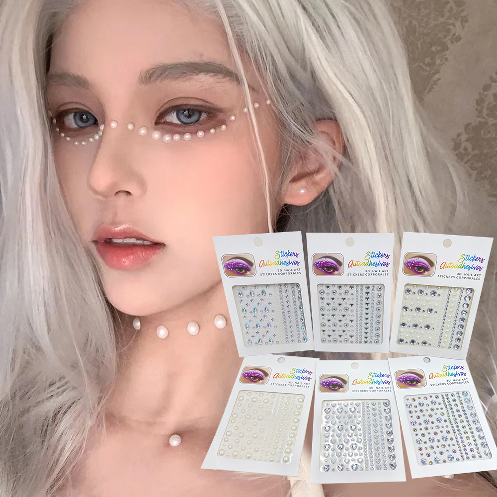 3d Pearl Gems คริสตัล Tattoo Facial Rhinestone สติกเกอร์ Self กาว Body Brow แต่งหน้าขนาดผสม Fairy Beauty เพชรที่มีสีสัน