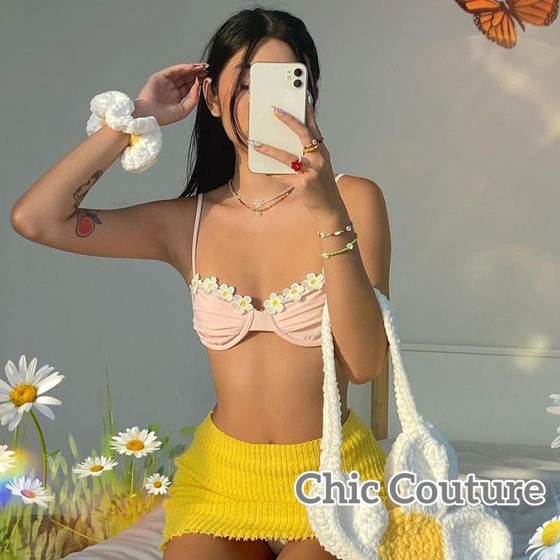 Wlmz-ผู้หญิงเซ็กซี่บิกินี่เสื้อดอกไม้สีชมพู Applique รูปแบบ Sweetheart Neckline ชุดชั้นใน S/ M/ L