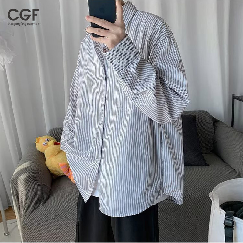 Chaogongfang เสื้อเชิ้ตแขนยาว ลายทาง ทรงหลวม สไตล์เกาหลี สําหรับผู้ชาย