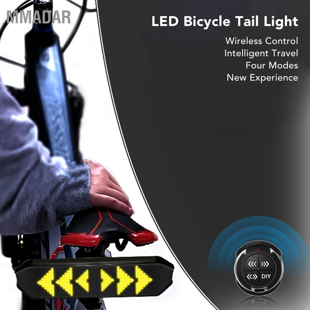 MMADAR ไฟท้ายจักรยานสีเหลืองบลูทูธจอแสดงผล LED ชาร์จ USB สัญญาณไฟเลี้ยวจักรยานไฟท้ายจักรยานแบบชาร์จไฟได้