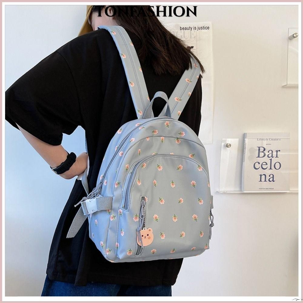Tonfashion กระเป๋าเป้สะพายหลัง กระเป๋านักเรียน ผ้าแคนวาส ลายดอกไม้ ความจุขนาดใหญ่ แบบพกพา ปรับสายได้ เดินทาง