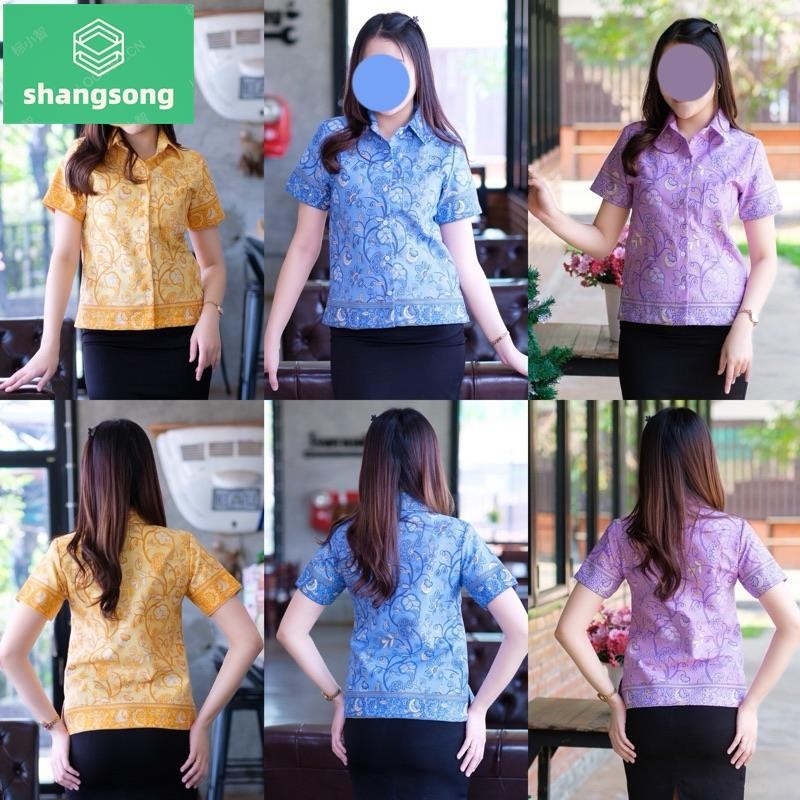เสื้อเชิ้ต ปาเต๊ะ ผู้หญิง ลายบานชื่น อัดกาว