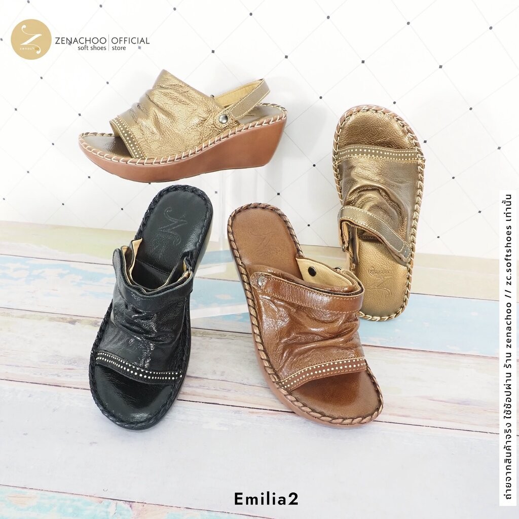 ทรงปกติ สินค้าลดราคา ไม่รับเปลี่ยน-คืน Zenachoo รุ่น Emilia2 สูง 2.5 นิ้ว ปรับสายได้ รองเท้าสุขภาพ หนังแท้ 100% นิ่มส...