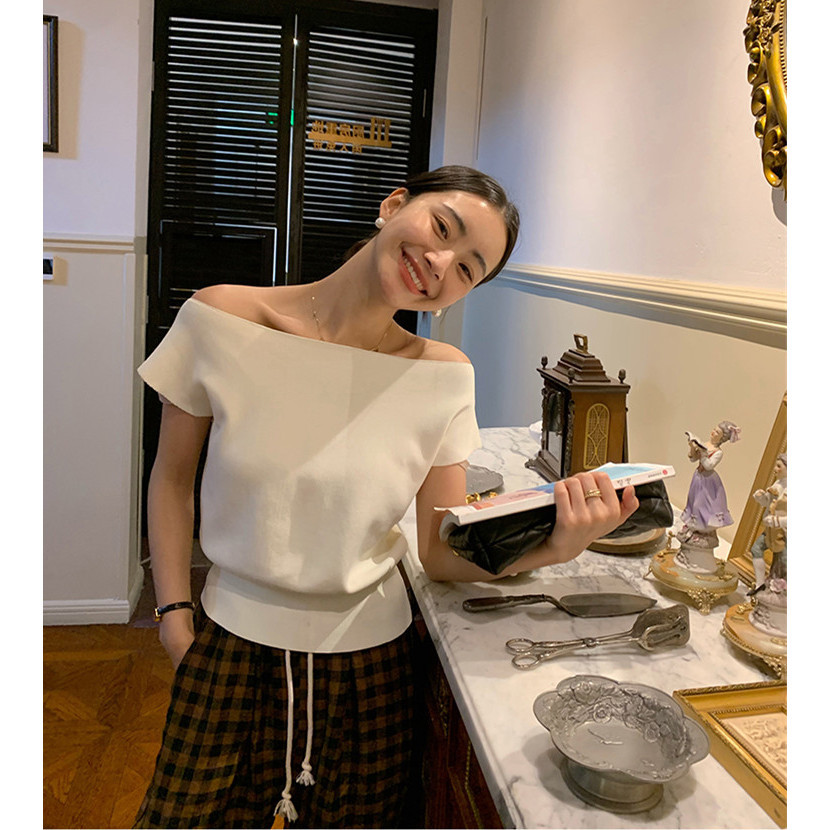 SUXI เสื้อถักปิดไหล่สไตล์เกาหลีอเนกประสงค์แขนสั้นเสื้อถักผู้หญิง 240311