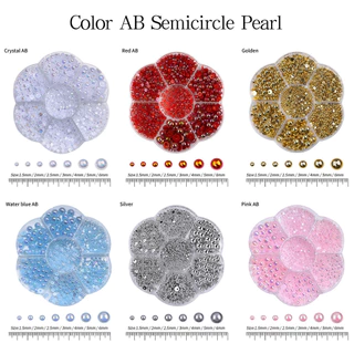 ชุดกล่องไข่มุก AB ครึ่งวงกลม 7 ช่อง สีเงิน สีทอง หลายขนาด สําหรับตกแต่งเล็บ DIY