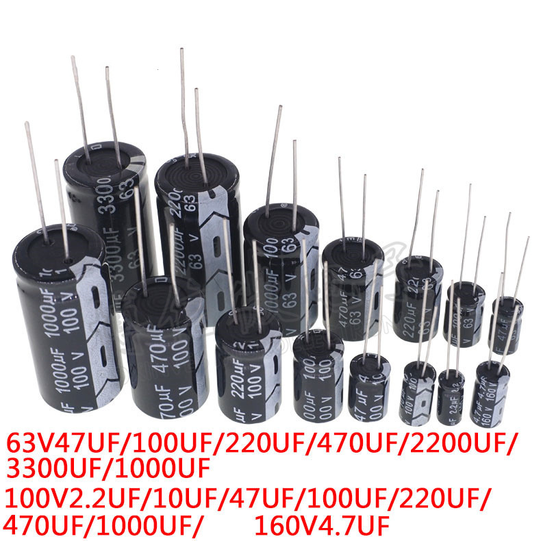 63V / 100V ตัวเก็บประจุไฟฟ้าอลูมิเนียมแทรกโดยตรง 2.2UF / 10UF / 47UF / 100UF / 220UF / 470UF / 1000U