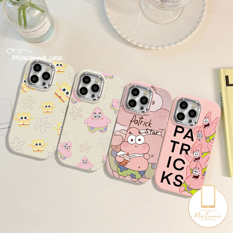 Creative การ์ตูนน่ารัก Patrick Star แฟชั่นสีชมพูเคสโทรศัพท์สําหรับ IPhone 11 16 14 15 12 13 Pro Max 7Plus XR 16 8 7 Plus X XS Max Electroplate ชุบเลนส์โลหะนุ่มกรณี