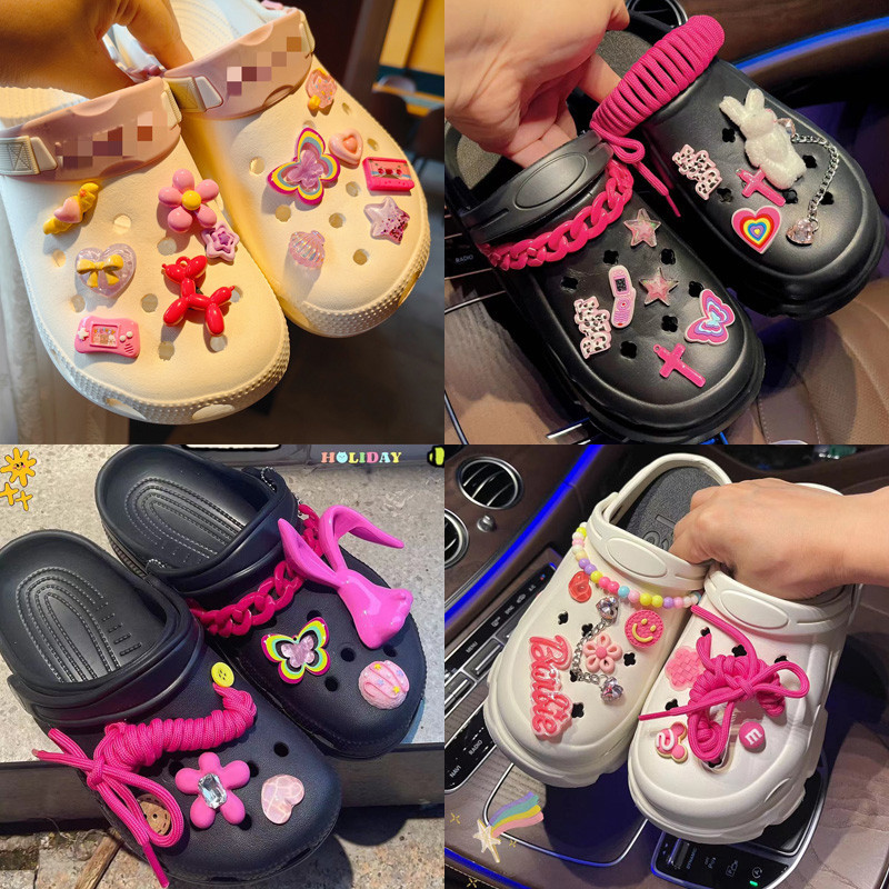 CROCS Jibbitz จี้รูปผีเสื้อ ดอกไม้ สีชมพู เครื่องประดับแฟชั่น สําหรับตุ๊กตาบาร์บี้ รองเท้าผู้หญิง