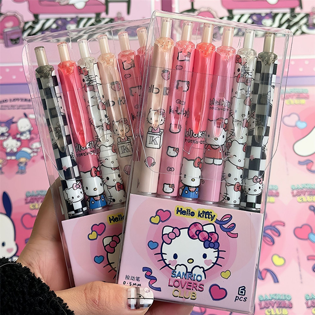 6 ชิ้น/เซ็ต Sanrio Presses ปากกาเจล Unisex Ins ลมน่ารัก 0.5 มม.Kulomi Girl ปากกาลายเซ็นหมึกสีดํา/สีฟ้า