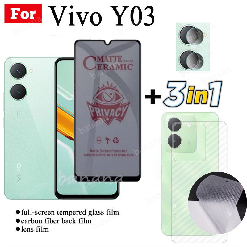 3 IN 1 Vivo Y03 ฟิล์มกันรอยหน้าจอเซรามิค ป้องกันการแอบมอง เพื่อความเป็นส่วนตัว สําหรับ Vivo Y 03 Y28 Y27 Y27S Y17S เลนส์กล้อง กระจกกันรอยหน้าจอ และฟิล์มด้านหลัง