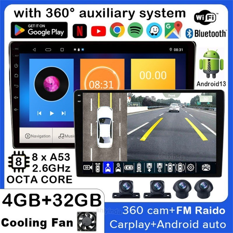 【พร้อมพัดลมระบายความร้อน】เครื่องเล่นมัลติมีเดียไร้สาย 9 นิ้ว 10.1 นิ้ว Octa Core 4G+32G 2.6Ghz Android13 เครื่องเล่นมัลติมีเดีย 2 din ระบบกล้องพาโนรามา 360