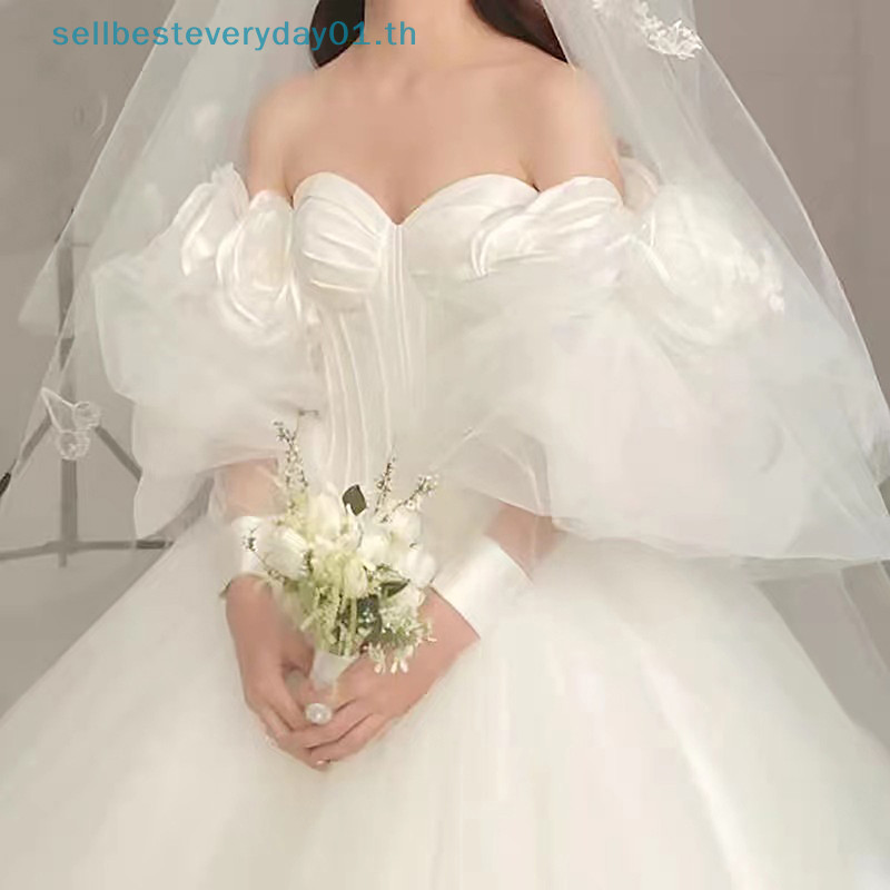 & Sellbest & ชุดแต่งงาน แขนพัฟถ่ายภาพเจ้าสาว แขนพัฟแต่งงาน ข้อมือ Sa สีดํา ถุงมือเจ้าสาว ที่ถอดออกได้ ความยาวปานกลาง ถุงมือหรูหรา