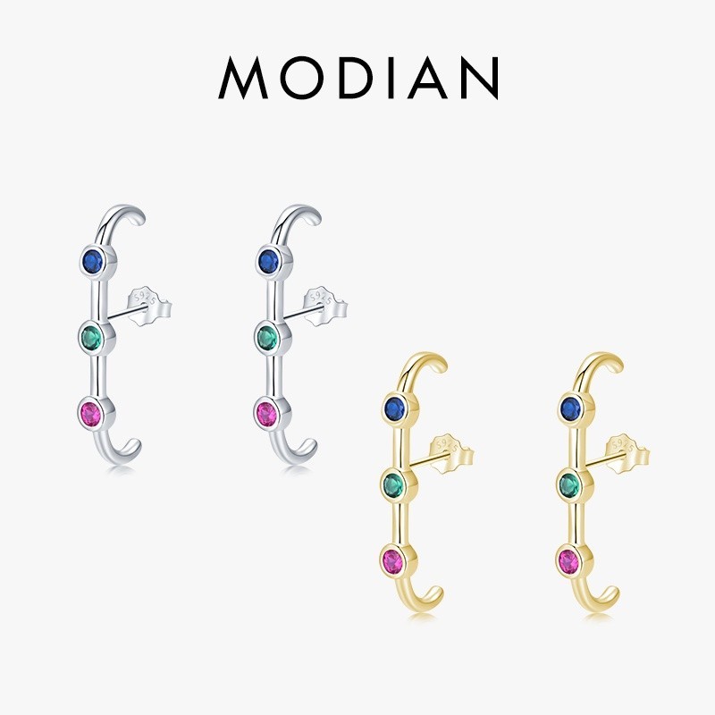 Modian 2021 ใหม ่ 925 เงินสเตอร ์ ลิงสายรุ ้ งคริสตัลที ่ มีสีสันFashionStudต ่ างหูผู ้ หญิงGoldสีFineเครื ่ องประดับArete