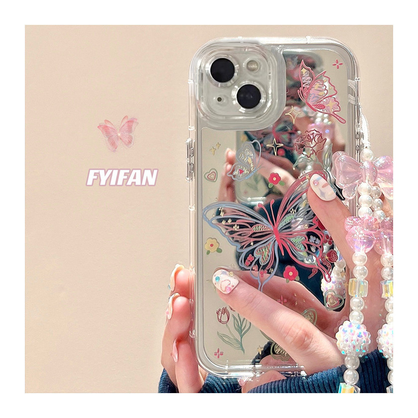 Huiwanju หวาน cool ผีเสื้อกระจกสร้อยข้อมือสําหรับ iphone15promax เคสโทรศัพท์ใหม่ fpr iphone 15pro พรีเมี่ยม 12 หญิง 14 สร้างสรรค์ 13 pro ซิลิโคน 11 เคสป้องกัน