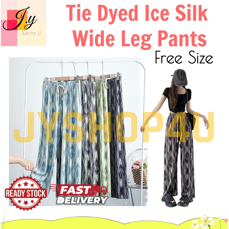 (JYSHOP4U) Tie Dyed กางเกงขากว้างสําหรับผู้หญิงฤดูร้อนบางขาตรงผ้าไหมน้ําแข็งกางเกงหลวม A4654 长裤