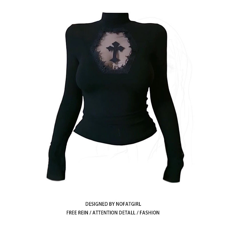 X-orange American Cross Hollow เสื้อยืดแขนยาว Slim-Fit เสื้อคอเต่าฤดูใบไม้ผลิฤดูใบไม้ร่วงสไตล์ใหม่เสื้อผ้าผู้หญิงลําลอง - รูปที่ 4