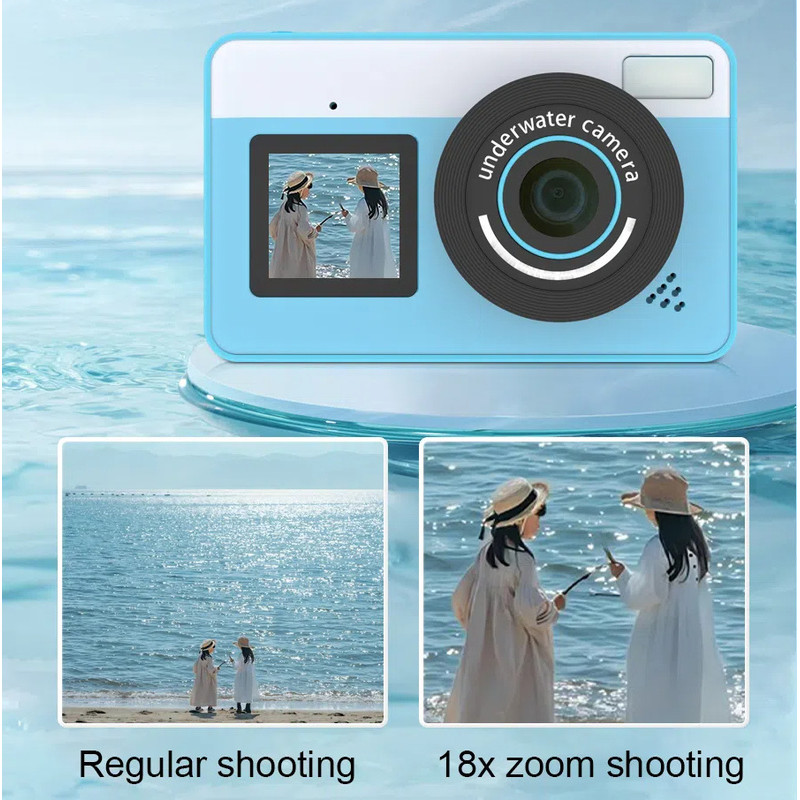 กล้องกันน้ํา HD IP68 กันน้ําสามเมตร 18x ซูมดิจิตอลจอแสดงผลหน้าจอคู่ Selfie switch กล้อง CCD