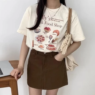 (จัดส่งตลอด 24 ชั่วโมง)เสื้อยืด Oversize เสื้อยืดลายเบเกอรี่ Junk Food คาเฟ่เกาหลี คอกลม หลวมๆ แนวเกาหลี คอตตอน 100%