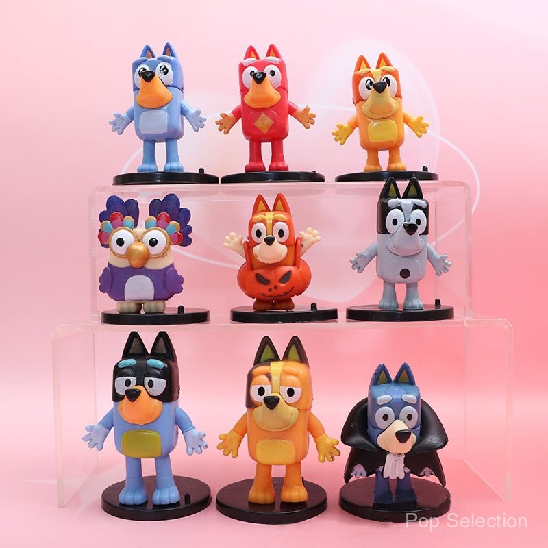 9 ชิ้น/ชุด ฟิกเกอร์อนิเมะ Bluey Family Bluey Christine Heeler Bingo Bandit Chilli Snickers Coco Indy Rusty Q Version PVC Action Figures โมเดล ตุ๊กตา ของเล่น