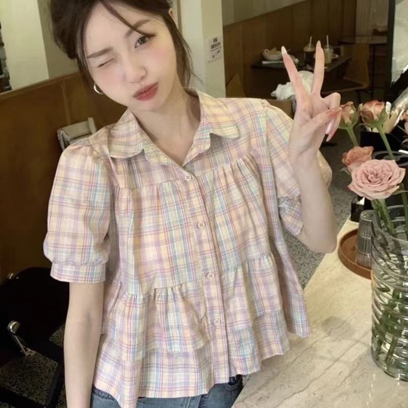 เกาหลีพัฟแขนอ่อนโยนตาหมากรุกแขนสั้นเสื้อผู้หญิงฤดูร้อนตุ๊กตาปกเสื้อด้านบน