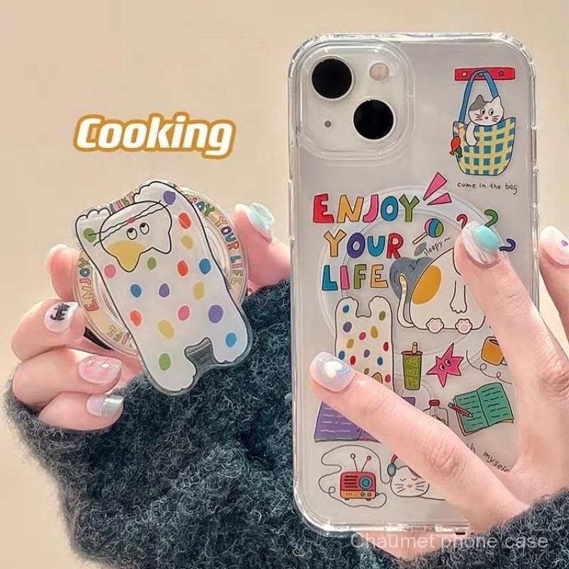 แมวลายจุดสีสันสดใสการ์ตูนพร้อมขาตั้งแม่เหล็ก รองรับเคสโทรศัพท์แม่เหล็ก iPhone 15 กันกระแทก 14/กันกระ