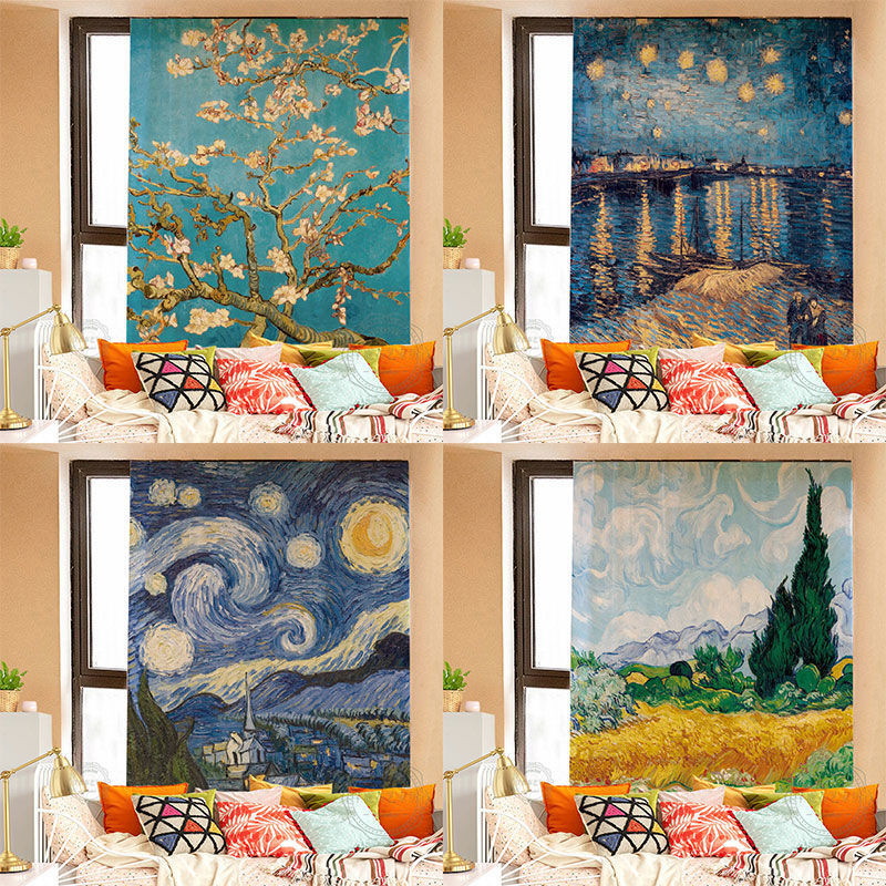 ผ้าม่านภาพวาดสีน้ํามัน Van Gogh Starry Night ผ้าม่านประตู เทปมายากล ไม่ต้องเจาะ ผ้าม่านสั้นขนาดเล็ก