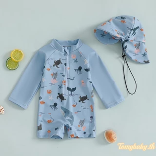 Tomybaby-ชุดว่ายน้ำเด็กชายแขนยาวลายสัตว์ทะเลลำลองพร้อมซิป + หมวก