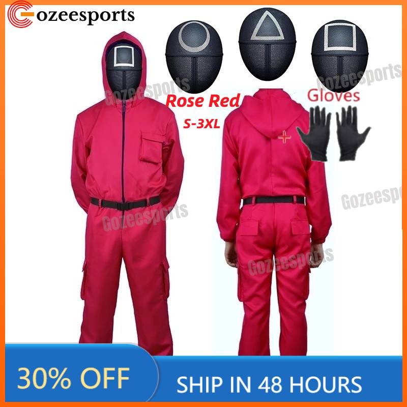 เกมปลาหมึกคอสเพลย์เครื่องแต่งกายjumpsuit Square Faceรอบสามเหลี่ยมFace Full Bossชุดหน้ากากฮาโลวีนเครื่องแต่งกายParty Suppliesสําหรับผู้ใหญ่