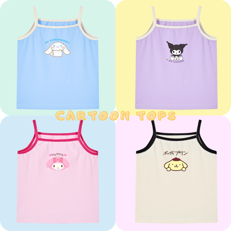 SANRIO สาว ซานริโอ เสื้อชั้นในสตรี 2024 ฤดูร้อนเด็กท็อปส์เกาหลีรุ่นแขนกุดน่ารัก คุโรมิ การ์ตูนรูปแบบผ้าฝ้ายสบายเสื้อผ้าเด็ก