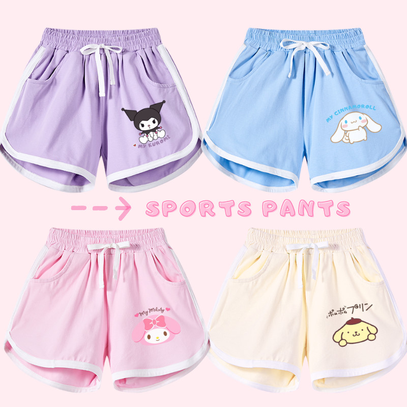 SANRIO กางเกงกีฬาขาสั้น ผ้าฝ้าย ทรงหลวม ลายการ์ตูนน่ารัก สีมาการอง แฟชั่นฤดูร้อน สําหรับเด็กผู้หญิง