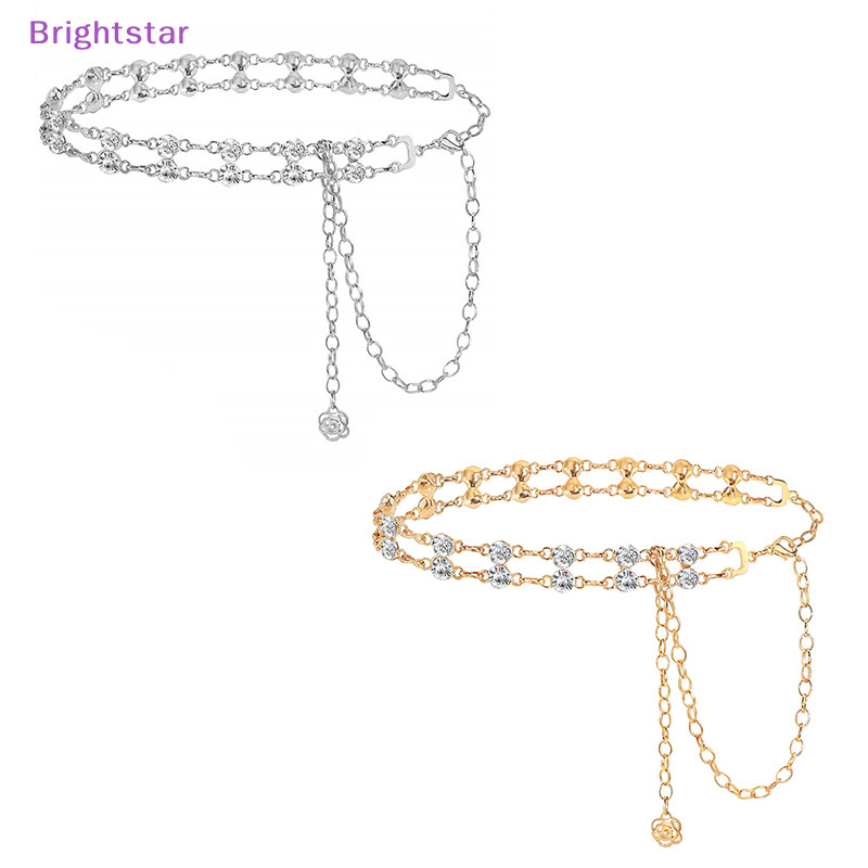 Brightstar เข็มขัดโซ่โลหะ ประดับเพชรเทียม พลอยเทียม สองชั้น สร้างสรรค์ แฟชั่น สําหรับผู้หญิง