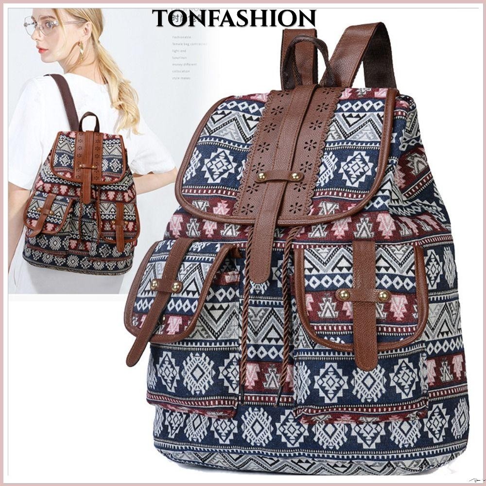 Tonfashion กระเป๋าเป้สะพายหลัง กระเป๋านักเรียน ผ้าแคนวาส ขนาดใหญ่ จุของได้เยอะ สไตล์ชนเผ่า สําหรับนักเรียน