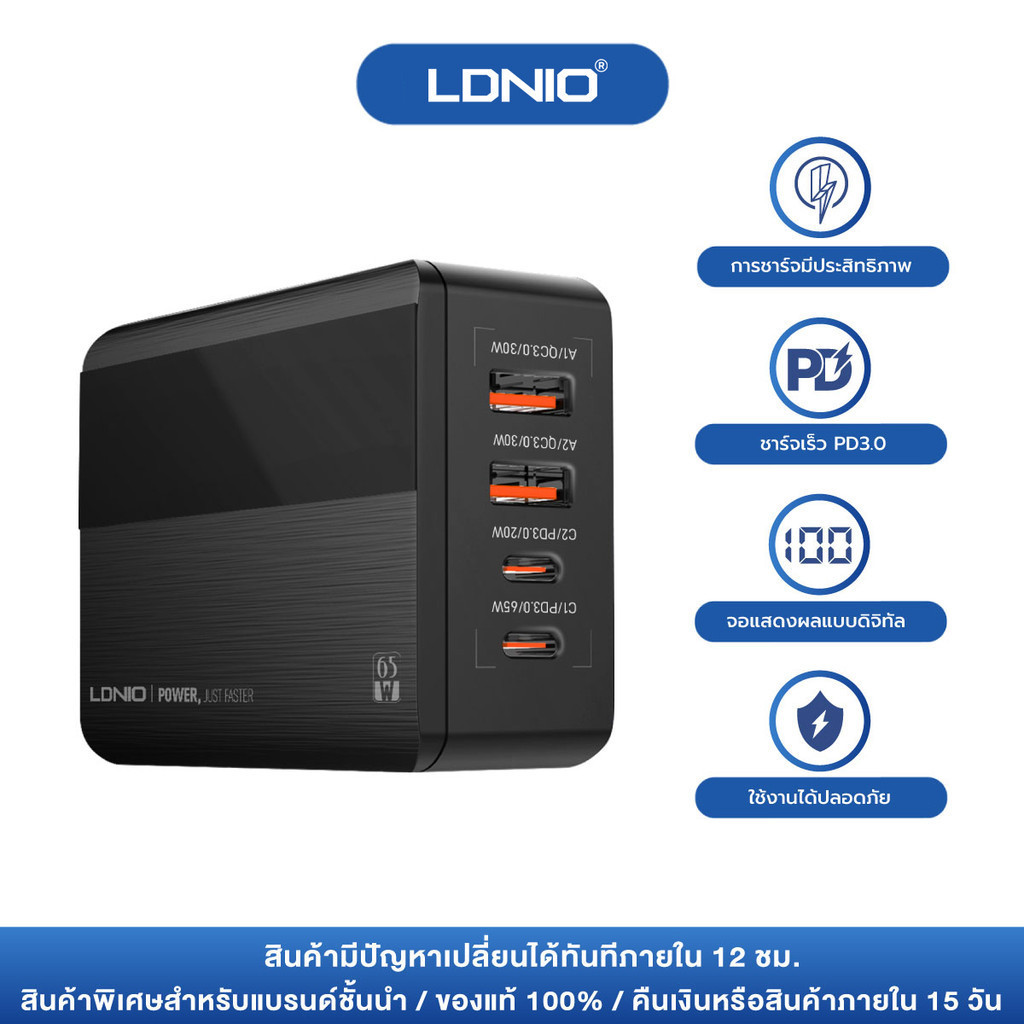 LDNIO A4808Q หัวชาร์จ QC3.0 65W 2USB-C+2USB-A สายยาว1.5เมตร พร้อมสายชาร์จให้เลือก มีระบบตัดไฟกระชาก