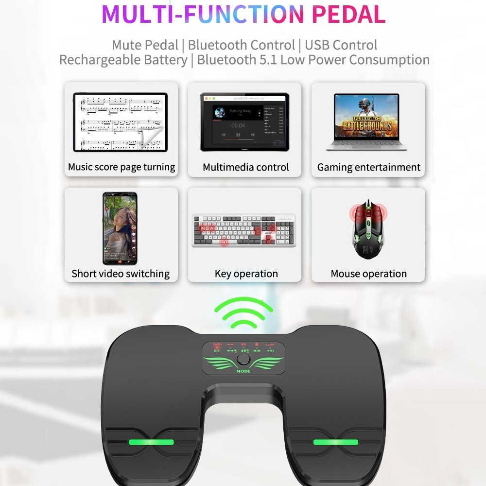 ไร้สายบลูทูธหน้า Turner Pedal Dual Switch Silent Page Turner Pedal พร้อมไฟลื่นชาร์จสําหรับ IPad แท็บ