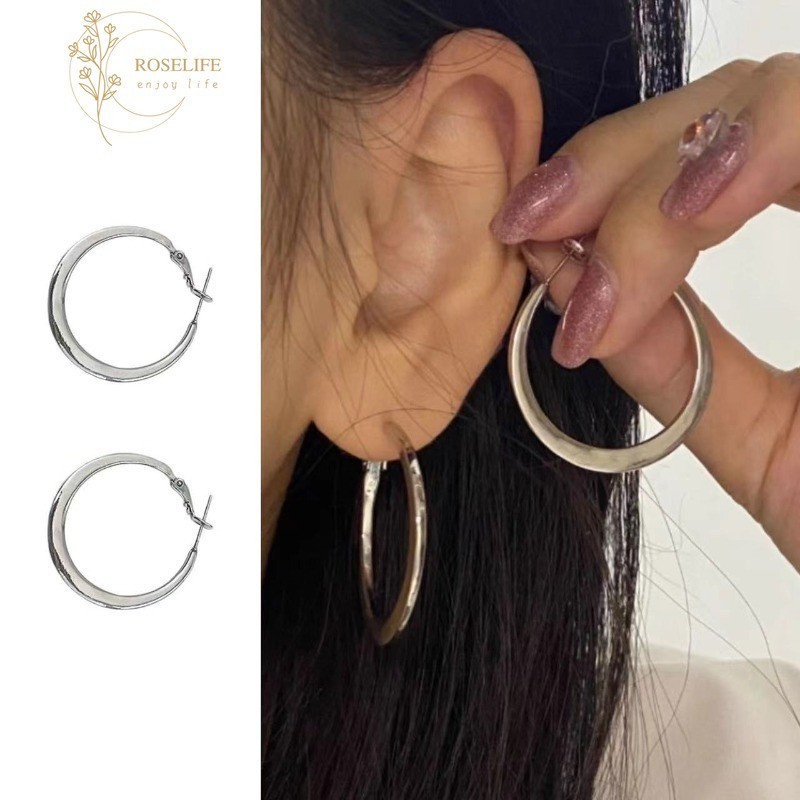 Roselife ต่างหูห่วง เงิน S925 ทรงกลม ทรงเรขาคณิต ขนาดใหญ่ เครื่องประดับแฟชั่น สําหรับผู้หญิง