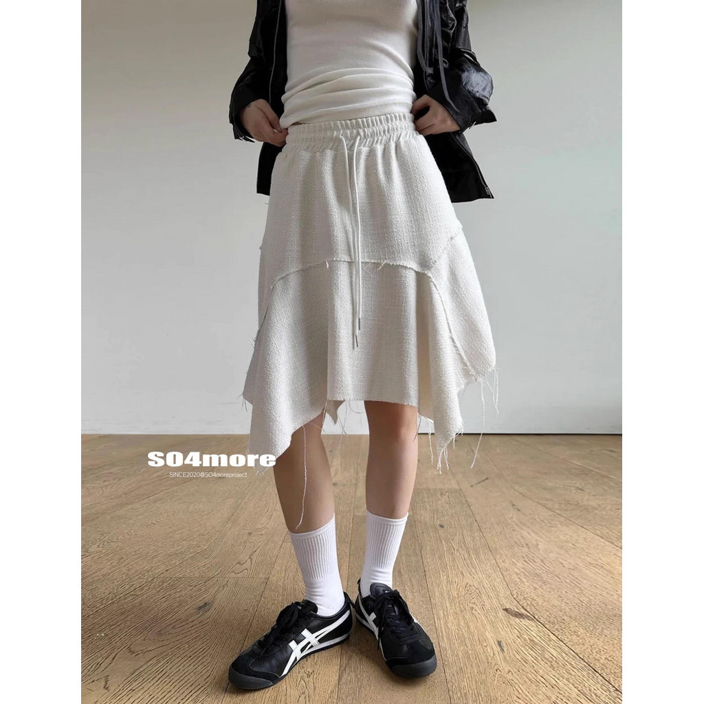 Shanmieleng เกาหลีการออกแบบที ่ ไม ่ ซ ้ ํากันไม ่ สม ่ ําเสมอความยาวกลาง Fringed Milk White Tweed กระโปรง