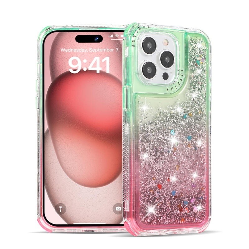 3 In 1 เคสโทรศัพท์มือถือ PC แข็ง ปิดด้านหลัง แบบกลิตเตอร์ในของเหลว 360 องศา หรูหรา สําหรับ iPhone 15 14 13 12 Promax 11