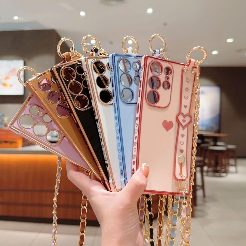 เคสมือถือ แบบนิ่ม ลายหัวใจ พร้อมสายคล้อง กันกระแทก สําหรับ Samsung S24 Ultra S23 S22 S21 Plus S23fe S21fe S20fe
