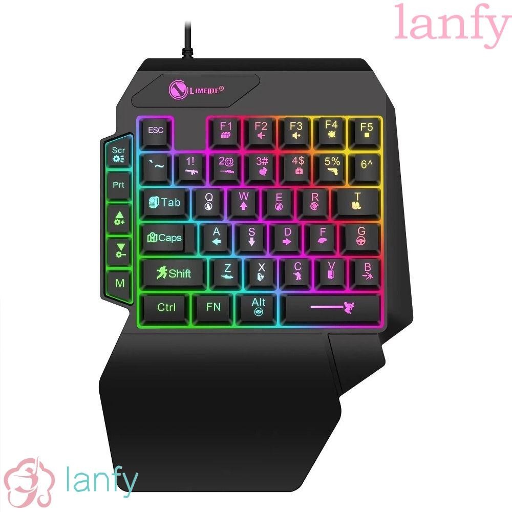 Lanfy คีย์บอร์ดเล่นเกม แบบใช้มือเดียว เรืองแสง USB บางพิเศษ มีไฟแบ็คไลท์ หลากสี