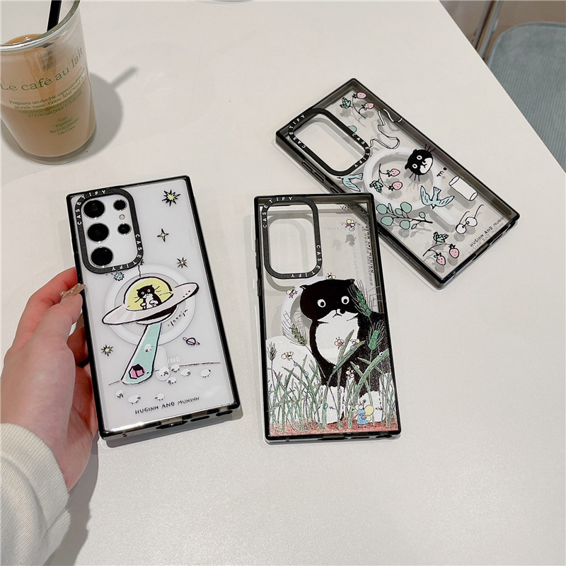 เคสโทรศัพท์ Samsung Galaxy S24 Ultra S22 S23 Ultra S24 Plus แกะสลัก CASETiFYแมวดําในจานบินแฟชั่น เอฟเฟกต์ดูดแม่เหล็ก เคสอะคริลิค กันกระแทก ฝาครอบป้องกัน