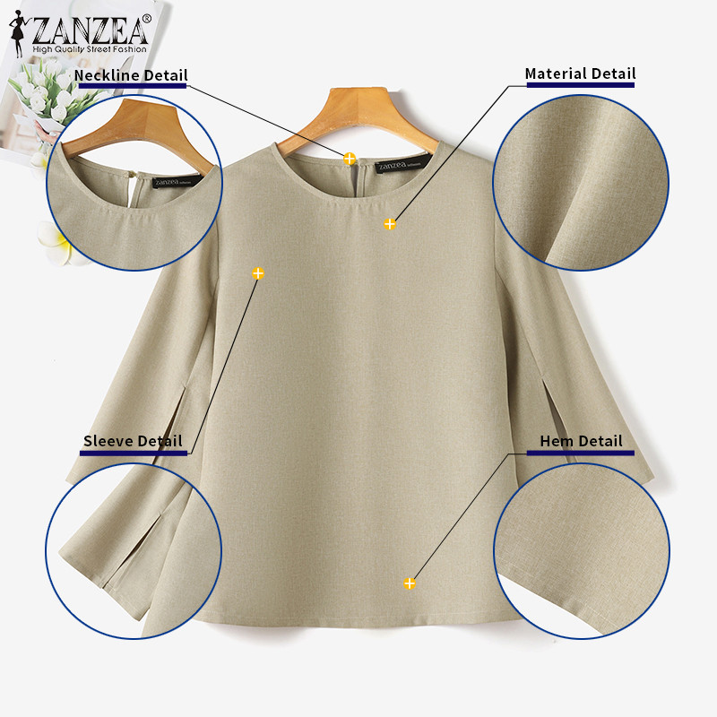 Zanzea เสื้อเบลาส์ลําลอง คอกลม แขน 3/4 ทรงหลวม สีพื้น สไตล์เกาหลี สําหรับผู้หญิง - รูปที่ 5