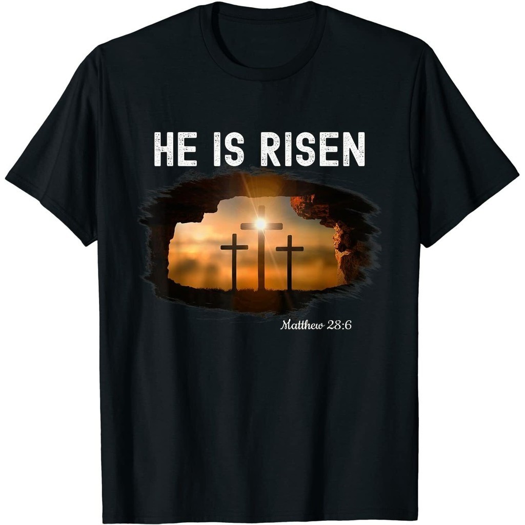 เสื้อยืด พิมพ์ลาย He Is Risen Christian Easter Jesus Matthew 28; 6 สําหรับผู้ชาย