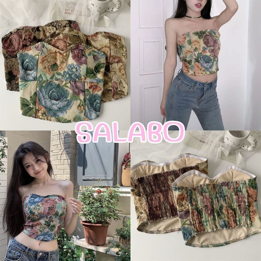 🥑Salabo🥑 เสื้อเกาะอก มีฟองน้ำ ลายดอกไม้ ด้านหลังสม๊อคยืดได้ #H17