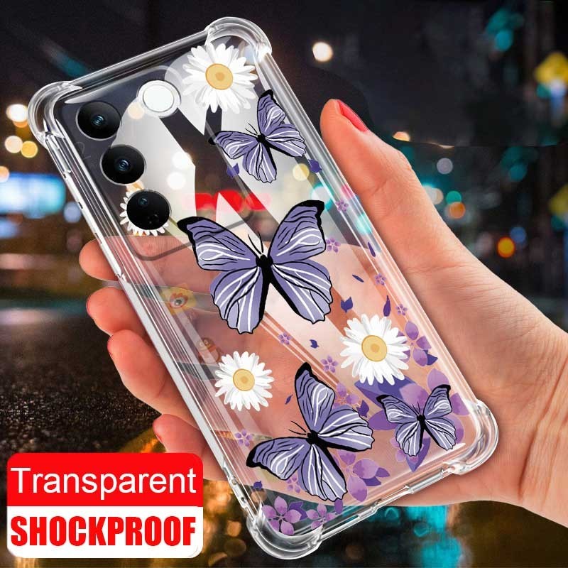 Vivo Y200 Y100 5G เคสดอกไม้ผีเสื้อแบบนุ่มเบาะลมปลอกกันกระแทกซิลิโคนฝาครอบป้องกันแบบใส
